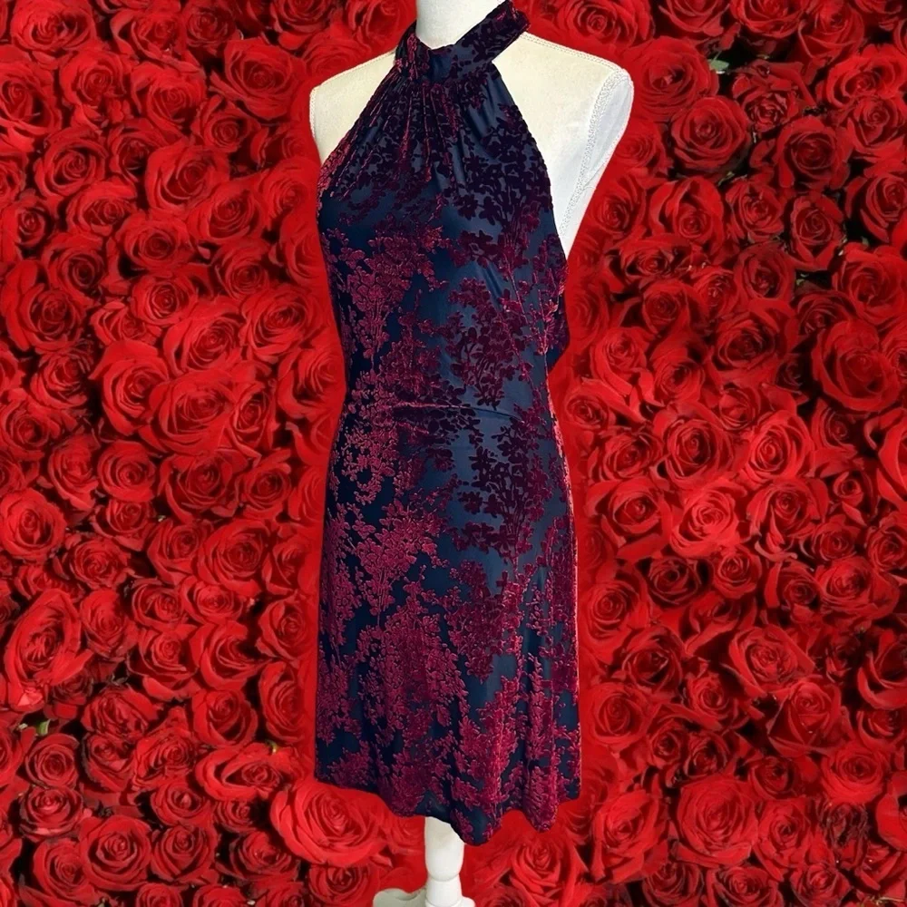 Dress the Population ‘Miranda’ Halterneck Mini Dress in “Burgundy/Black Cherry” - Picture 6 of 16